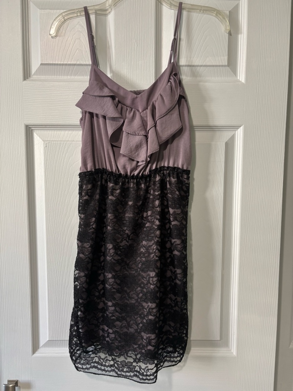 Xhiliration Ruffle Front Lace Overlay Spaghetti Strap Dress - Mauve & Black